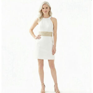 Lilly Pulitzer Ashlyn White With Gold Embellished Shift Halter Dress Sz 8